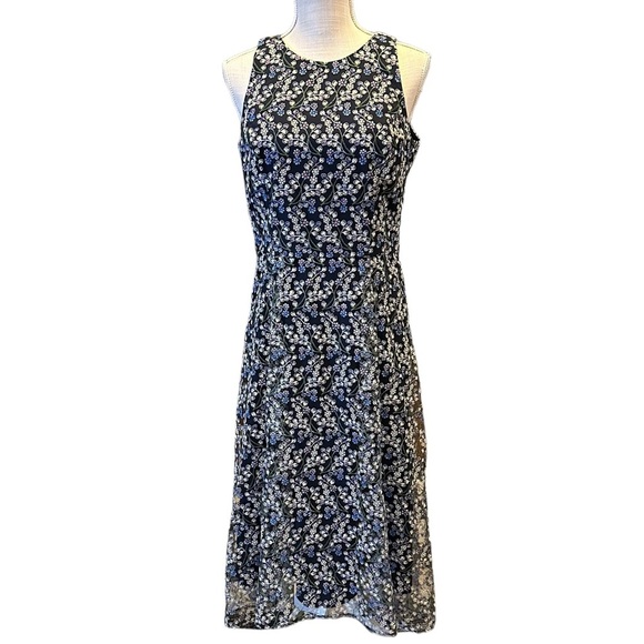 Tahari Womens Navy Blue Floral Embroiled Sleeveless Midi Summer Dress Size 6 - Picture 1 of 11